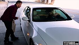 Blonde pornstar offers pussy to the homeless man