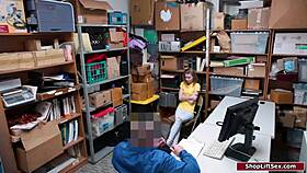 petite shoplifter gets caught by the security officer in the store