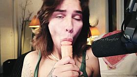 Flowerava gives intense dildo blowjob backstage with toys