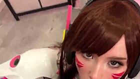 tiktoker girl cosplays d va and intensely sucks dick till facial