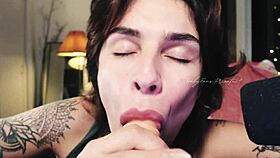 Flowerava gives intense dildo blowjob backstage with toys