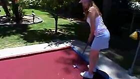 Blonde petite teen April teases with solo masturbation outdoors, fingering her pussy.