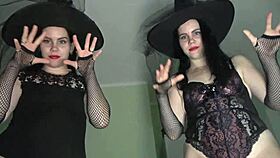 Two witches host Halloween orgy with pretty friends