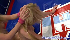 bigtit babe gets licked after a wrestling match