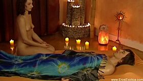 This brunette gives a sensual handjob massage to her tired lover