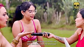 Relaxing massage turns into a wild lesbian threesome with naked teens and milf.