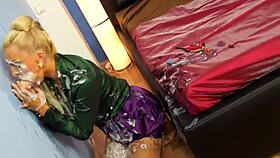 hot blond euro babe gets messy facial from gloryhole action. damn, she's adorable!