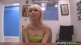 tiny teen blonde gets a huge cumshot on her face in this amateur facial scene. moretta delivers the load perfectly.