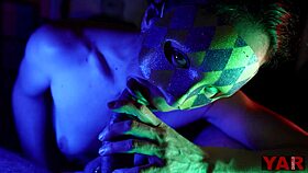 masked adult bites penis hed and foreskin for blowjob.