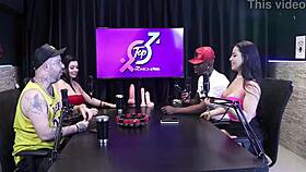 Two hot women kiss, making his monster cock hard for a blowjob.