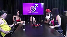 Two hot women kiss, making his monster cock hard for a blowjob.