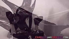 Fetish shemale in latex suit and mask fucks