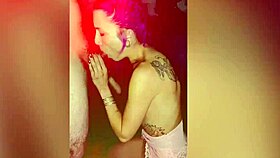 Tattooed woman gives late night blowjob to cumshot