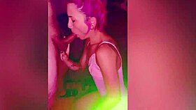 Tattooed woman gives late night blowjob to cumshot