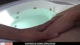 Hottest Latin POV blowjob with gay sex and cumshot in spa setting