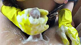 Hot housewife washes cock in kitchen until cum