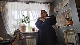 Massive cumshot from chubby mistress in leather gloves!