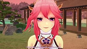 Yae Miko rides big ass in POV Genshin Impact hentai game