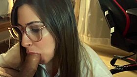 Girl with glasses receives oral attention and finishes inside