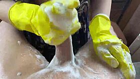 Hot housewife washes cock in kitchen until cum