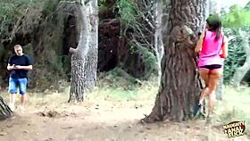 getting fucked in the asshole under a pine tree causes orgasms in the brunettes pussy