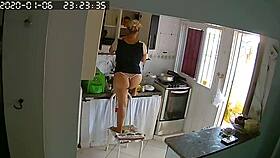 Latina maid washes dishes in tight panties