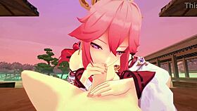 Yae Miko rides big ass in POV Genshin Impact hentai game