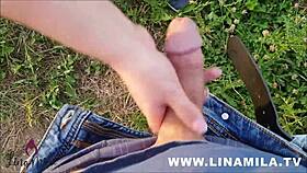 Shy curvy girl gives outdoor blowjob and swallows cum