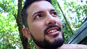 Crossdressing gay bareback in car