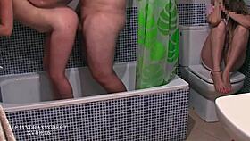 roommate showers with fat boyfriend and me in bathroom threesome