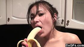 Amateur lesbians kiss in kitchen 😘, teens have fun with food and tattoos