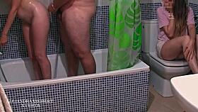 roommate showers with fat boyfriend and me in bathroom threesome