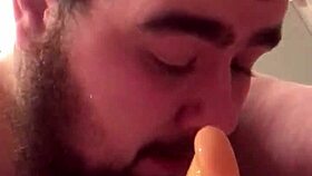 Young gay chub contrasts innocence with intense dildo sucking and riding