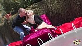 Can the blonde handle dildos before her man pounds her outdoors?