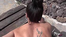 Big tits horny brunette fucks stranger outdoors!