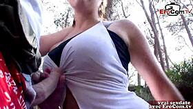 A skinny French teen flashes and has POV sex outdoors with a pickup.
