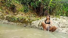 ts angelique cums hard in a tropical river during outdoor bath, wow