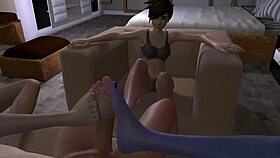 Overwatch parody features triple foot action in barefoot anime group scene