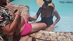 A random guy on vacation gets a pool blowjob from a fat woman.