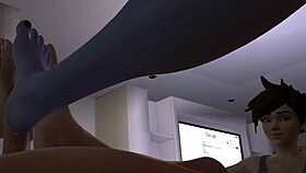 Overwatch parody features triple foot action in barefoot anime group scene