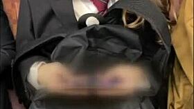 girl in uniform gets upskirt attention on the train. caution for home invasion views.