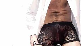 i’m obsessed with my huge 25cm cock in sexy lace. cum spills everywhere from my giant rod in see-through gear.