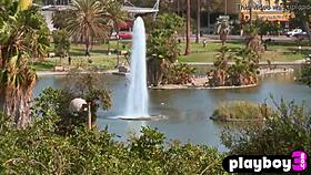 Sexy blonde with big tits strips and reveals shaved pussy