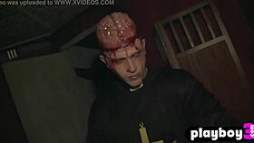 Sexy blonde with big tits strips and reveals shaved pussy