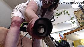 Redhead vacuums in slippers without panties in retro blue film