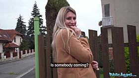 Cute blonde flashes perky titties for cash and takes huge cock in basement.