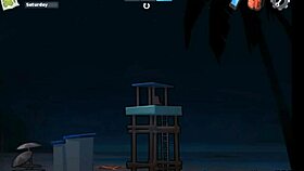 Blonde girlfriend in reverse gangbang on beach