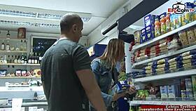 skinny slut with small tits fucks in the grocery store for cum in mouth.