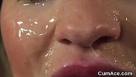 foxy babe covered in cum eating jizz