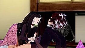 tanjiro and nezuko in demon slayer hentai with big tits and blowjob